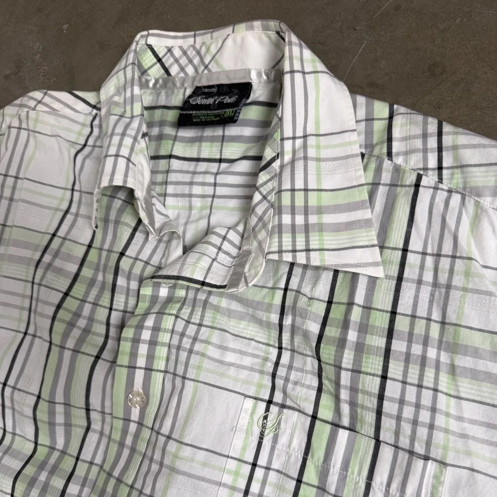 Southpole Mens XL Short Sleeve Button Down Shirt Plaid Lime Green Y2K Baggy - Picture 7 of 11